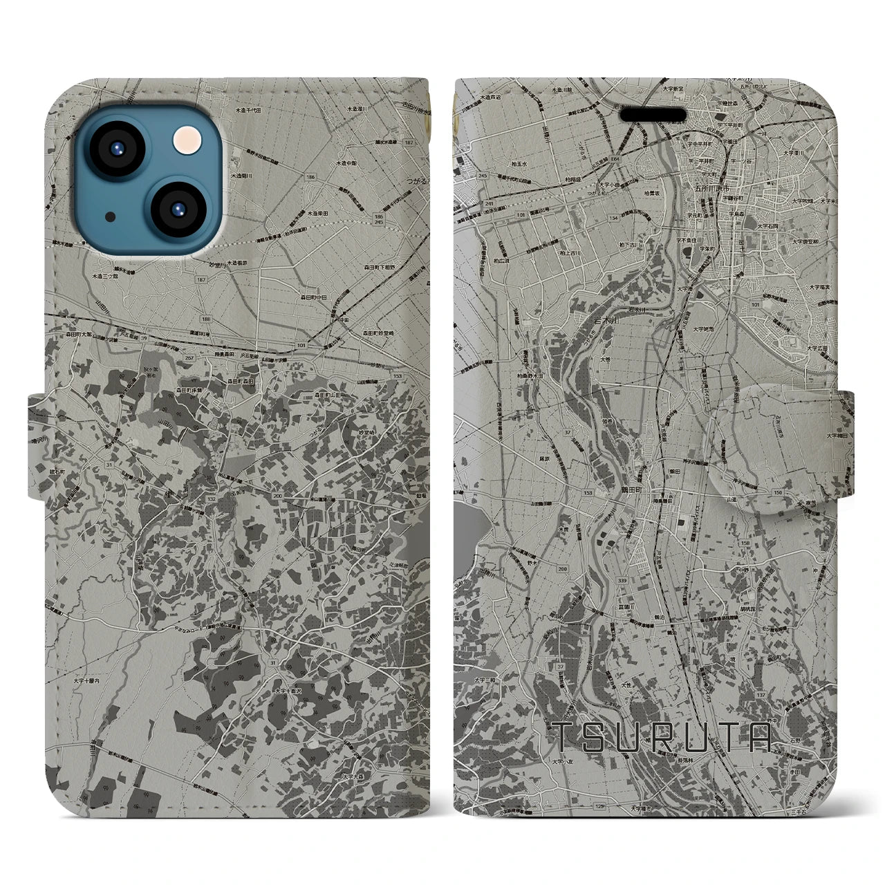 【鶴田(青森県)】地図柄iPhoneケース(手帳タイプ)モノトーン・iPhone 13 用