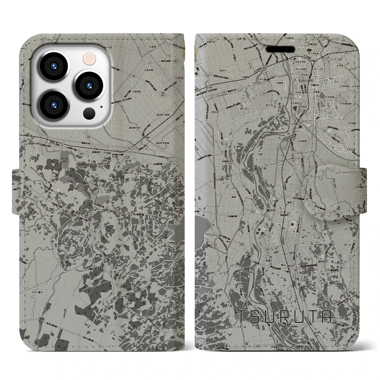 【鶴田(青森県)】地図柄iPhoneケース(手帳タイプ)モノトーン・iPhone 13 Pro 用