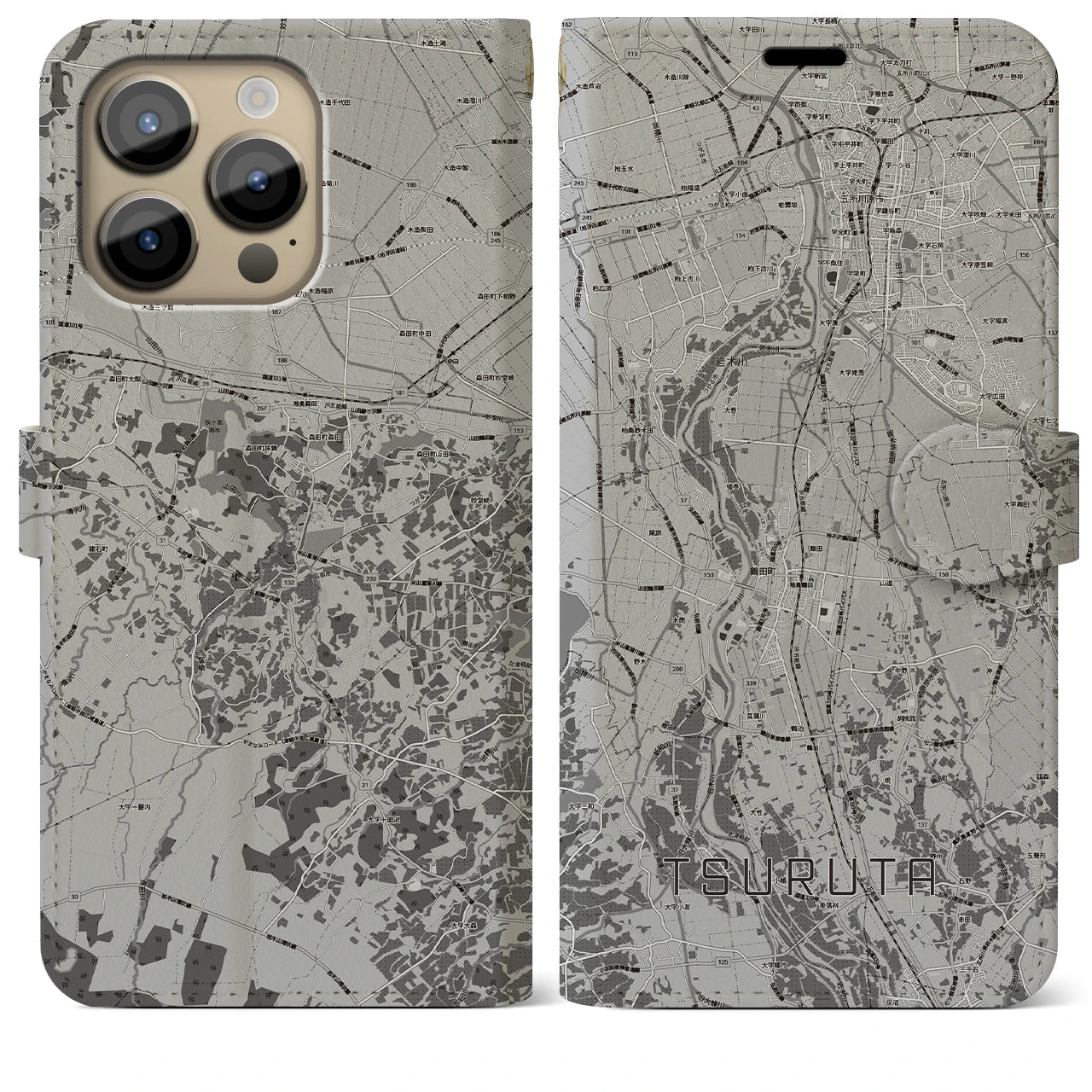 【鶴田(青森県)】地図柄iPhoneケース(手帳タイプ)モノトーン・iPhone 14 Pro Max 用