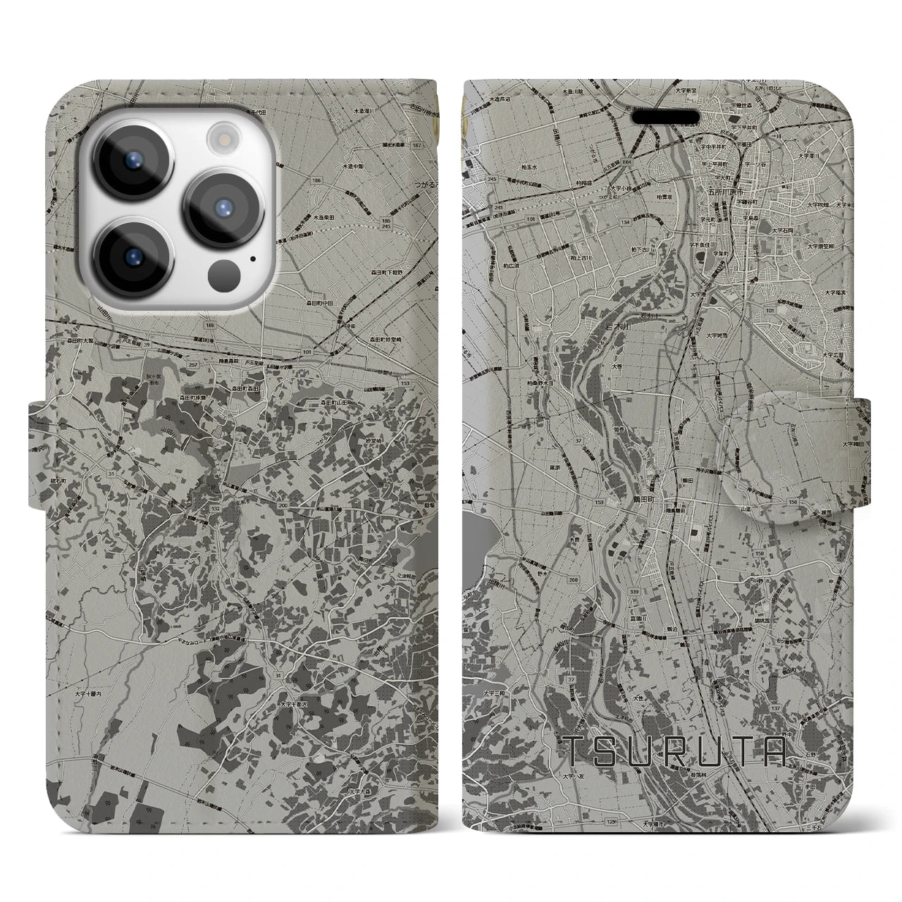 【鶴田(青森県)】地図柄iPhoneケース(手帳タイプ)モノトーン・iPhone 14 Pro 用