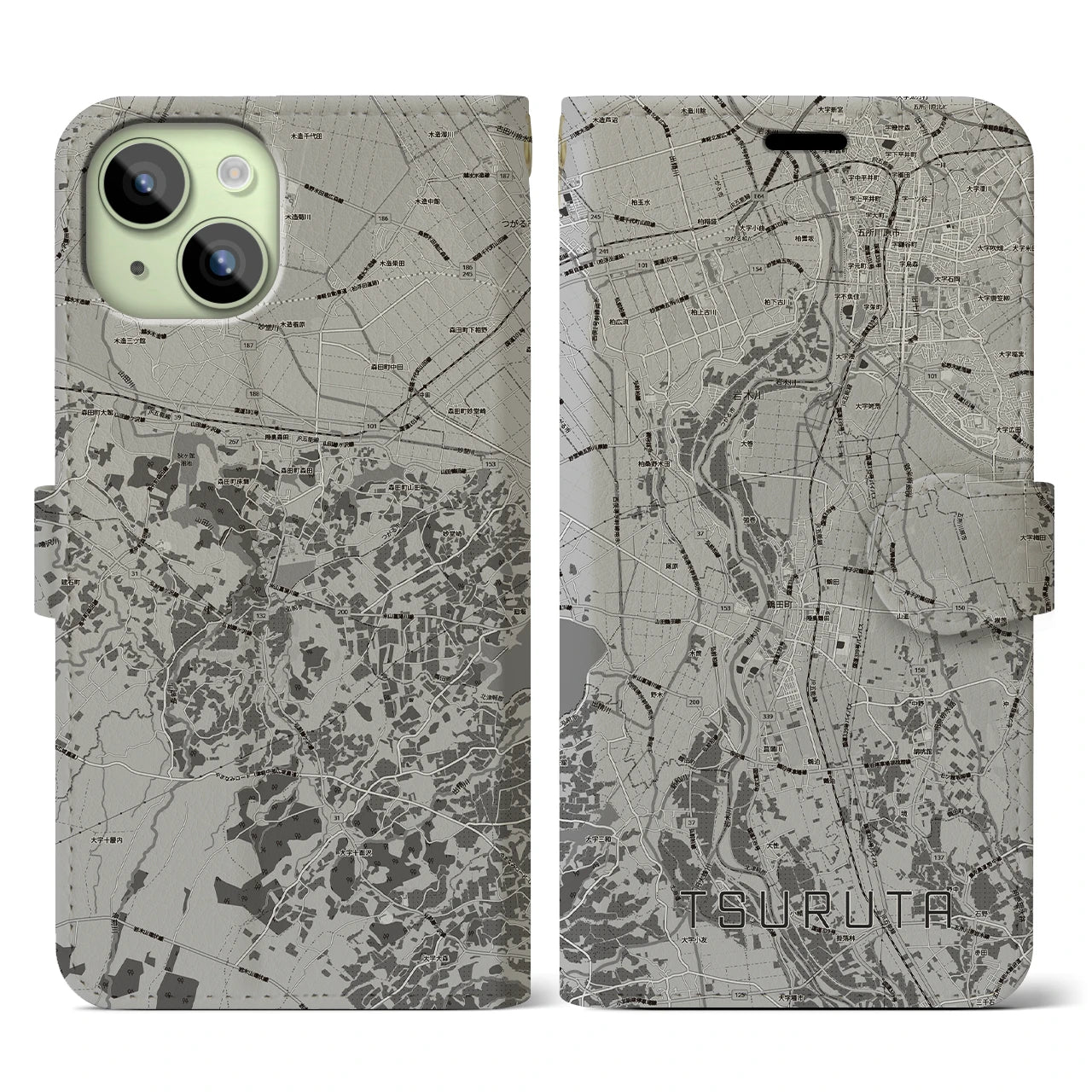 【鶴田(青森県)】地図柄iPhoneケース(手帳タイプ)モノトーン・iPhone 15 用