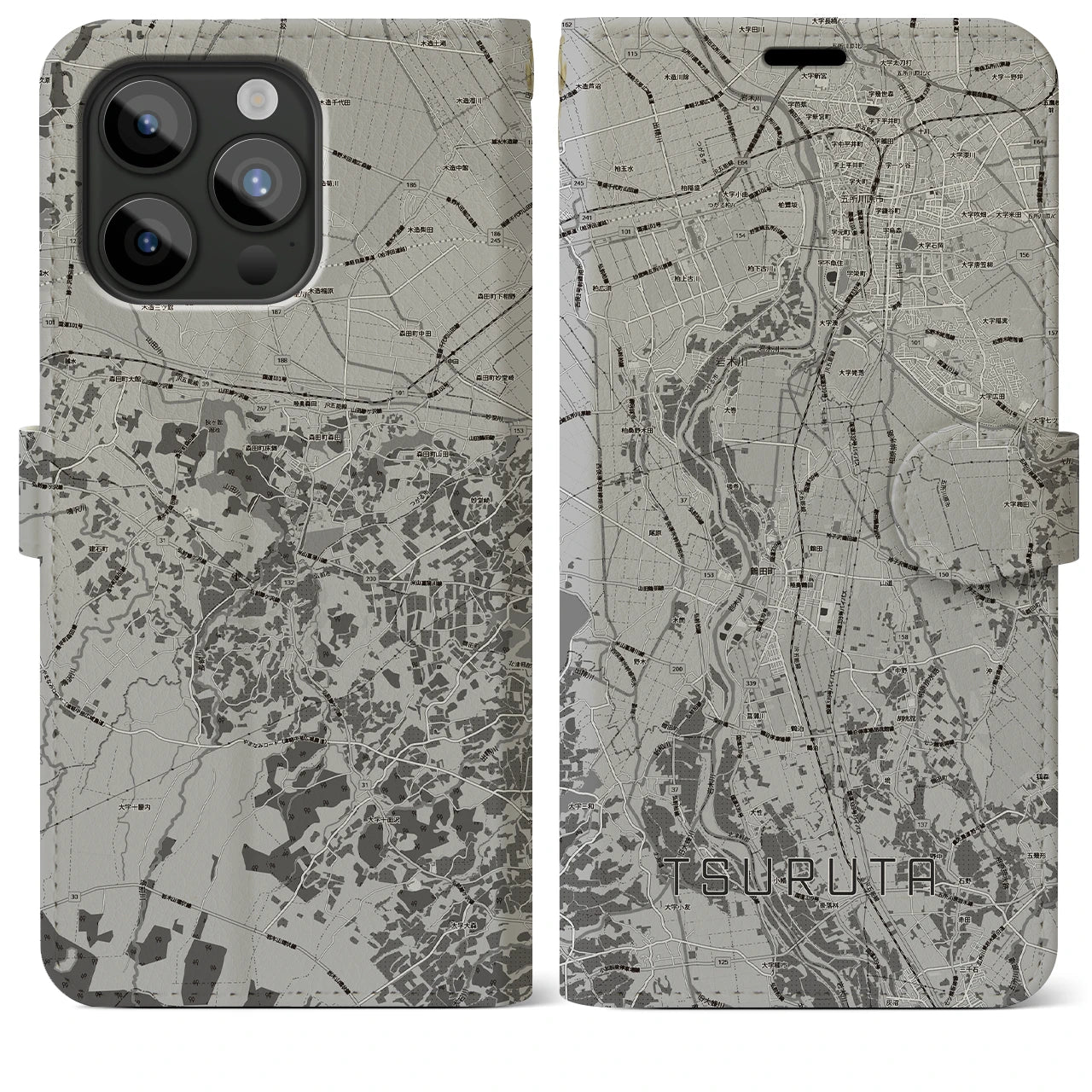 【鶴田(青森県)】地図柄iPhoneケース(手帳タイプ)モノトーン・iPhone 15 Pro Max 用