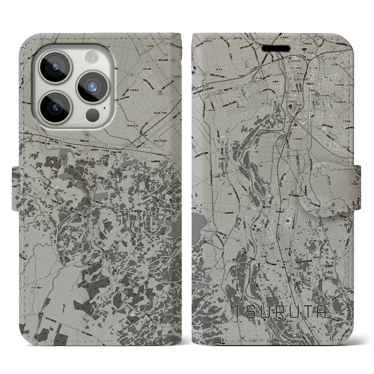【鶴田(青森県)】地図柄iPhoneケース(手帳タイプ)モノトーン・iPhone 15 Pro 用