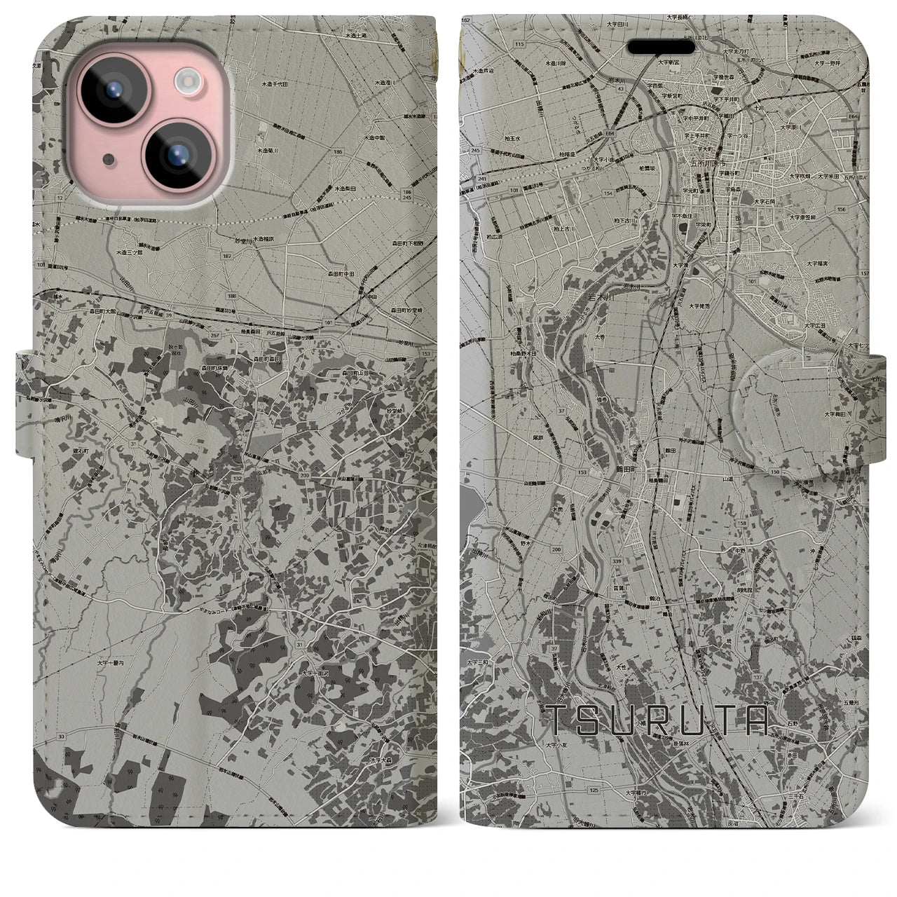 【鶴田(青森県)】地図柄iPhoneケース(手帳タイプ)モノトーン・iPhone 15 Plus 用