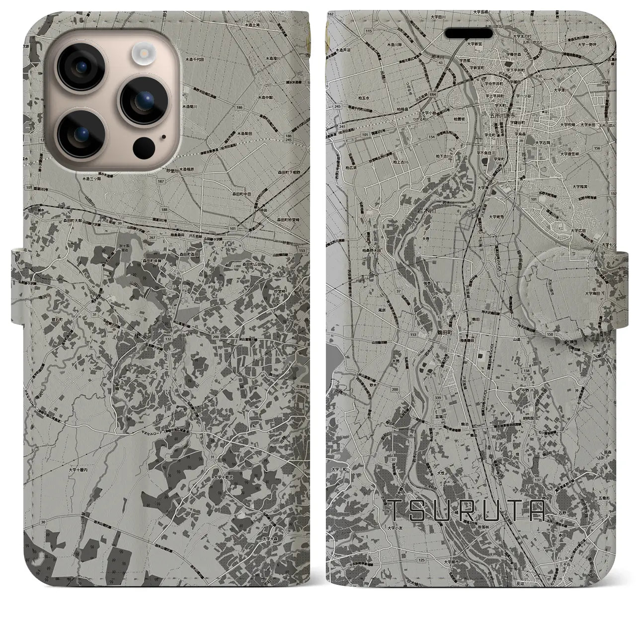 【鶴田(青森県)】地図柄iPhoneケース(手帳タイプ)モノトーン・iPhone 16 Plus 用