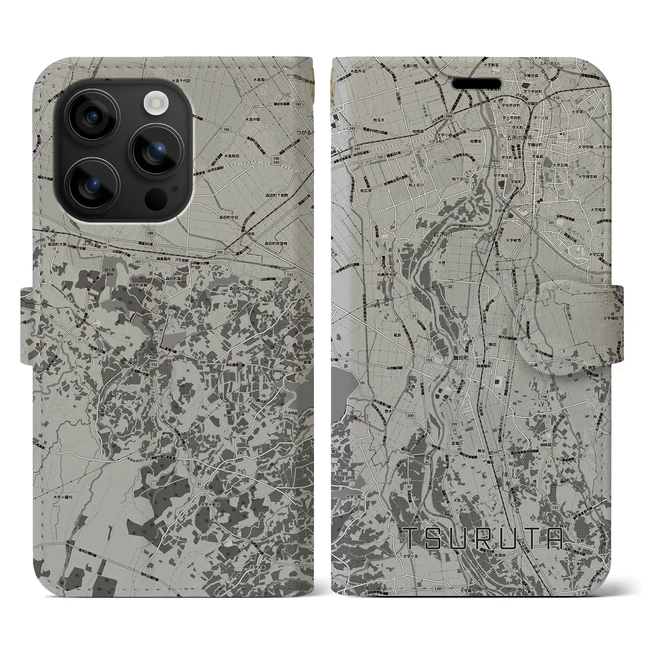 【鶴田(青森県)】地図柄iPhoneケース(手帳タイプ)モノトーン・iPhone 16 用