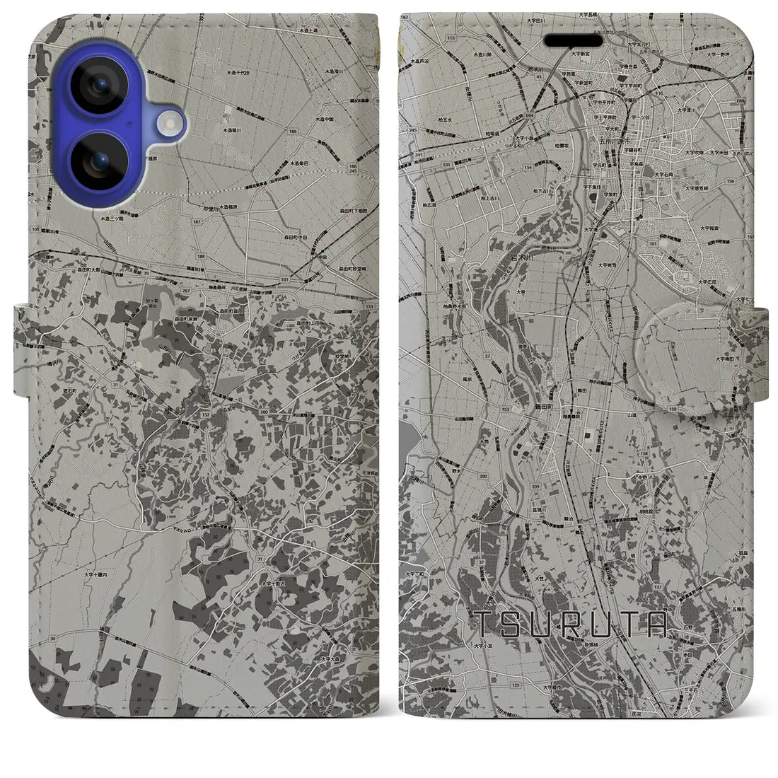 【鶴田(青森県)】地図柄iPhoneケース(手帳タイプ)モノトーン・iPhone 16 Pro Max 用