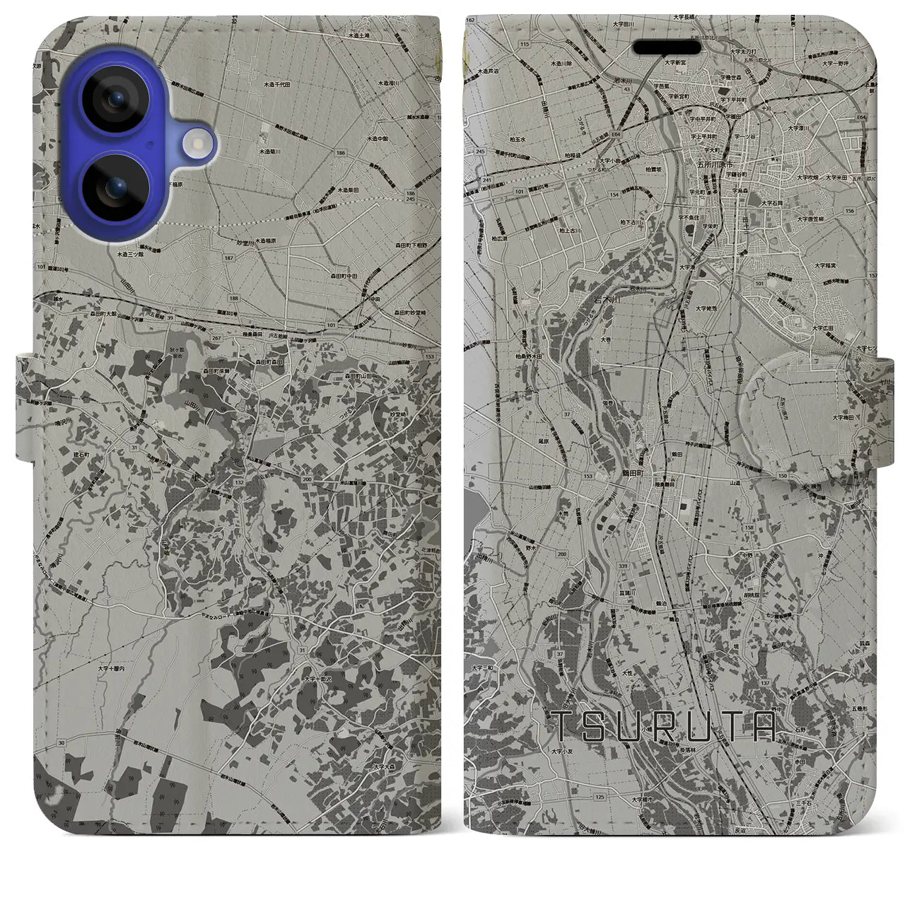 【鶴田(青森県)】地図柄iPhoneケース(手帳タイプ)モノトーン・iPhone 16 Pro Max 用