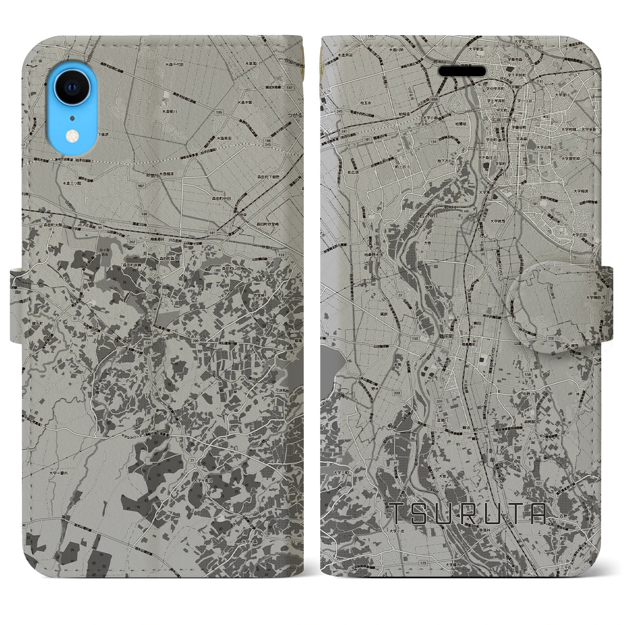 【鶴田(青森県)】地図柄iPhoneケース(手帳タイプ)モノトーン・iPhone XR 用