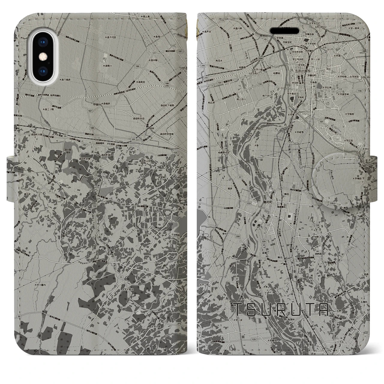 【鶴田(青森県)】地図柄iPhoneケース(手帳タイプ)モノトーン・iPhone XS Max 用