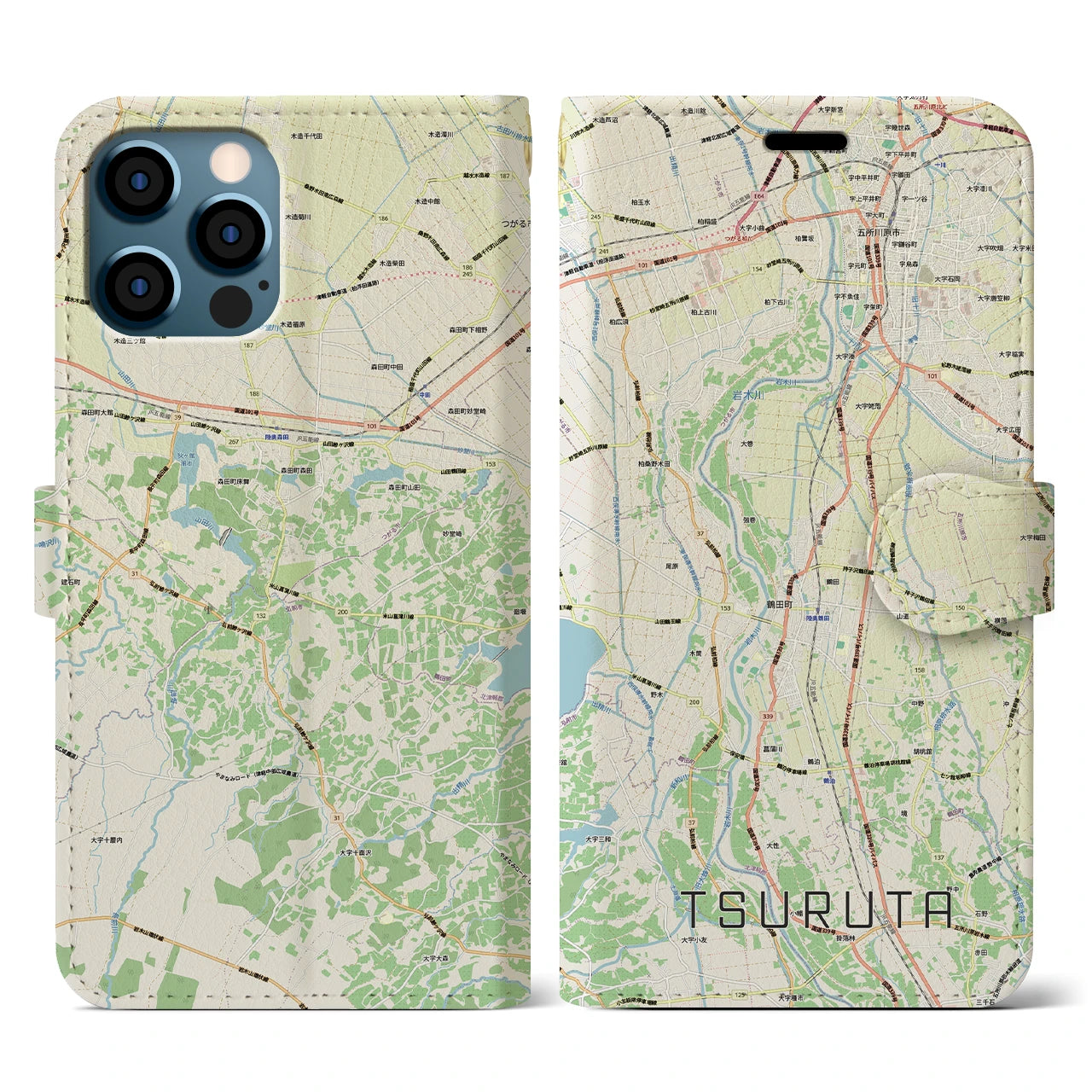 【鶴田(青森県)】地図柄iPhoneケース(手帳タイプ)ナチュラル・iPhone 12 / 12 Pro 用