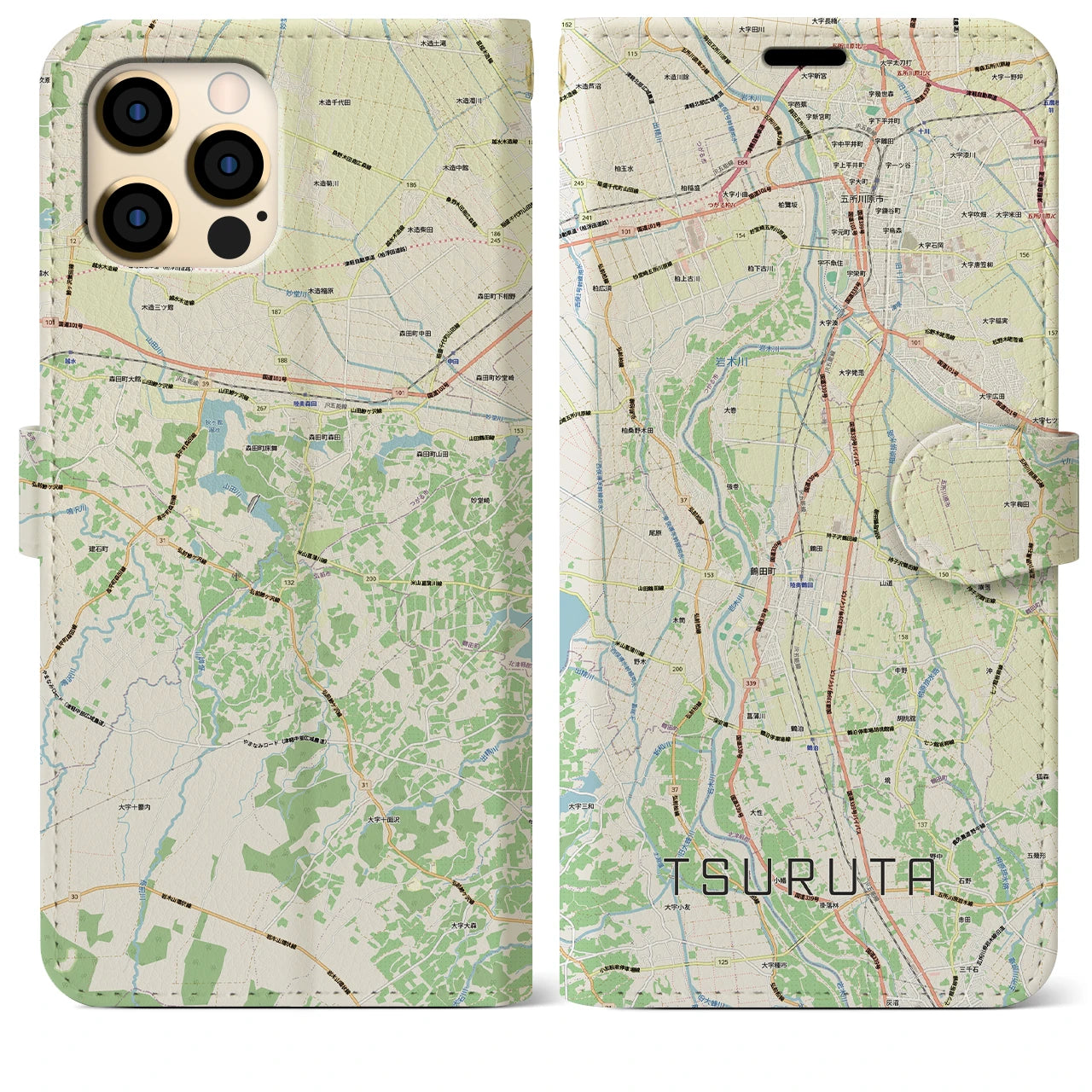 【鶴田(青森県)】地図柄iPhoneケース(手帳タイプ)ナチュラル・iPhone 12 Pro Max 用