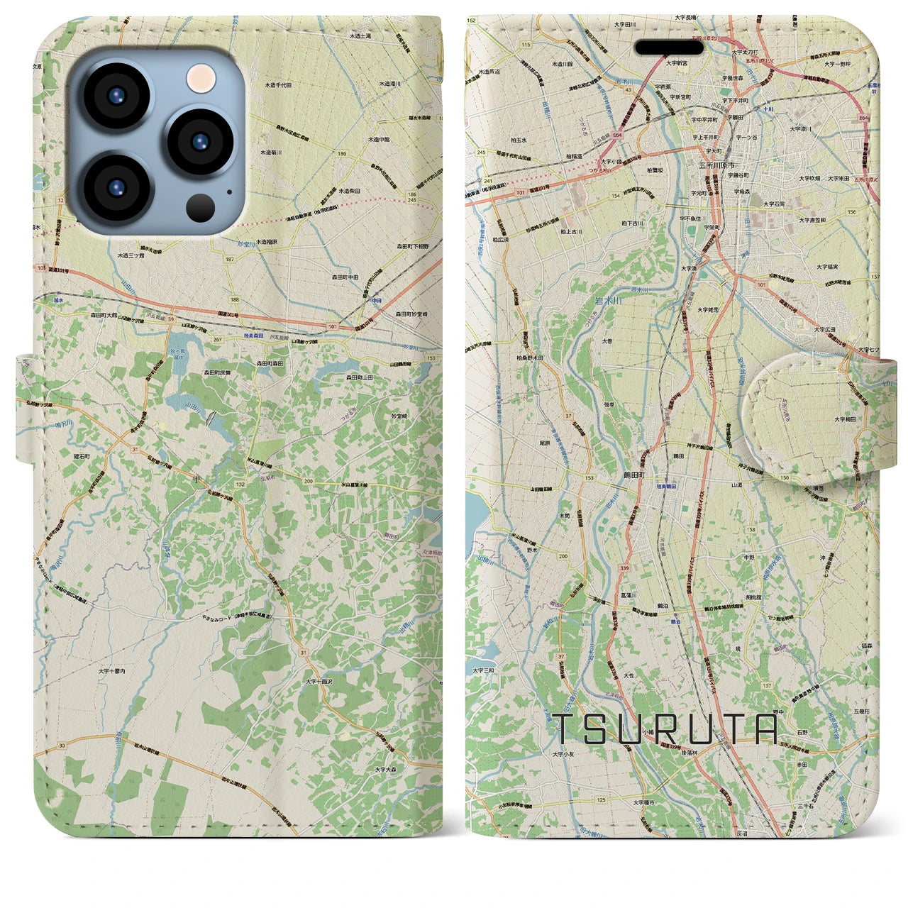 【鶴田(青森県)】地図柄iPhoneケース(手帳タイプ)ナチュラル・iPhone 13 Pro Max 用