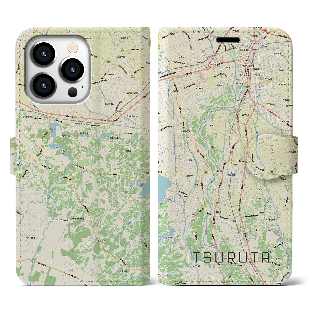 【鶴田(青森県)】地図柄iPhoneケース(手帳タイプ)