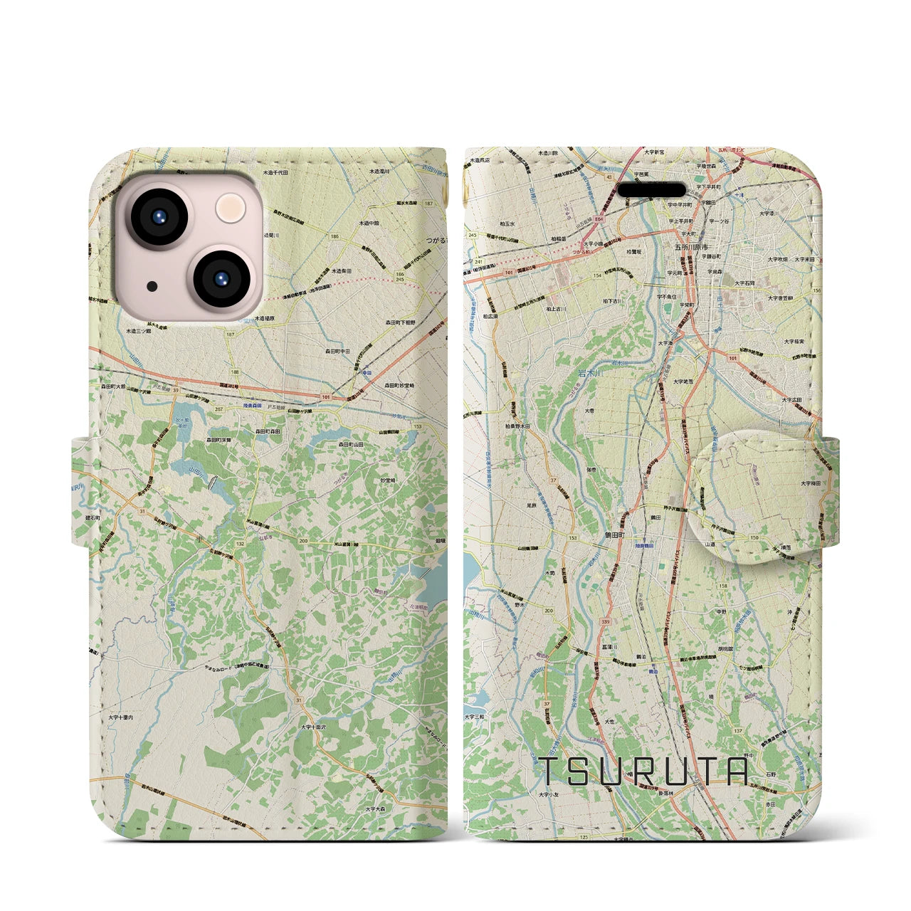 【鶴田(青森県)】地図柄iPhoneケース(手帳タイプ)ナチュラル・iPhone 13 mini 用