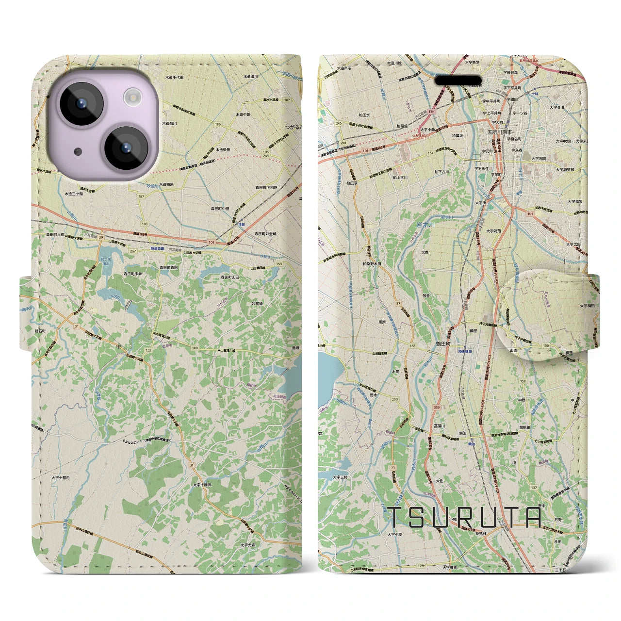 【鶴田(青森県)】地図柄iPhoneケース(手帳タイプ)ナチュラル・iPhone 14 用