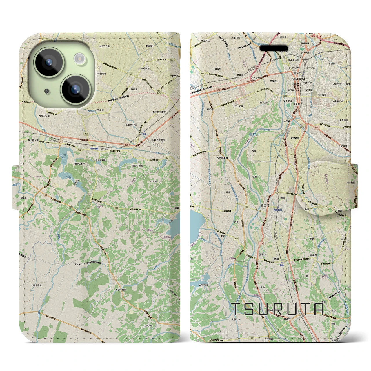 【鶴田(青森県)】地図柄iPhoneケース(手帳タイプ)ナチュラル・iPhone 15 用