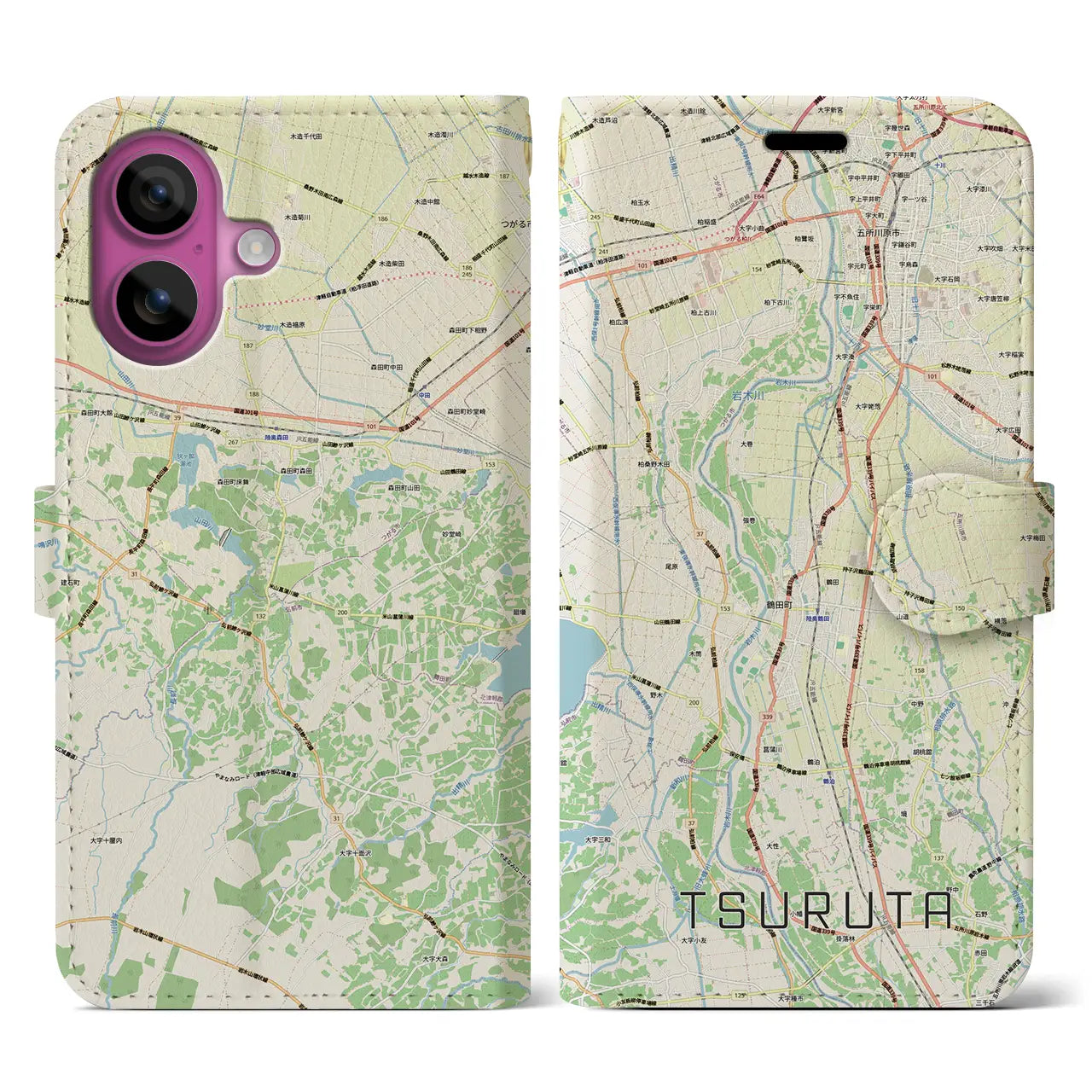 【鶴田(青森県)】地図柄iPhoneケース(手帳タイプ)ナチュラル・iPhone 16 Pro 用