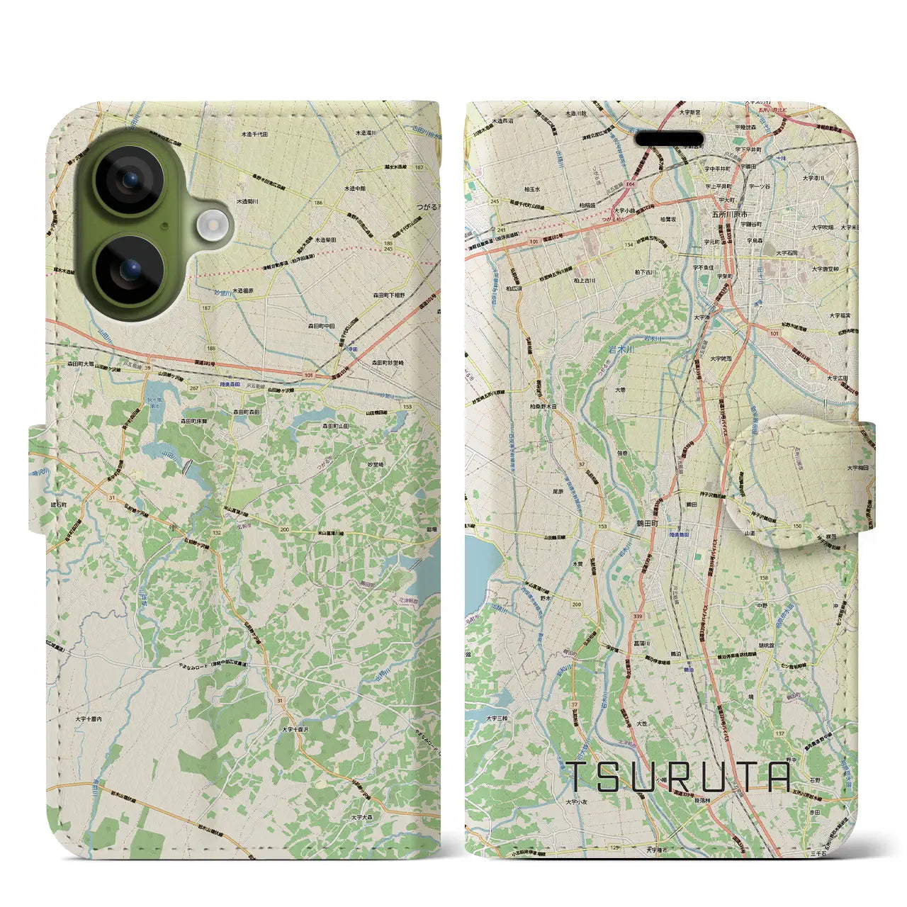 【鶴田(青森県)】地図柄iPhoneケース(手帳タイプ)モノトーン・iPhone 17 Pro Max 用