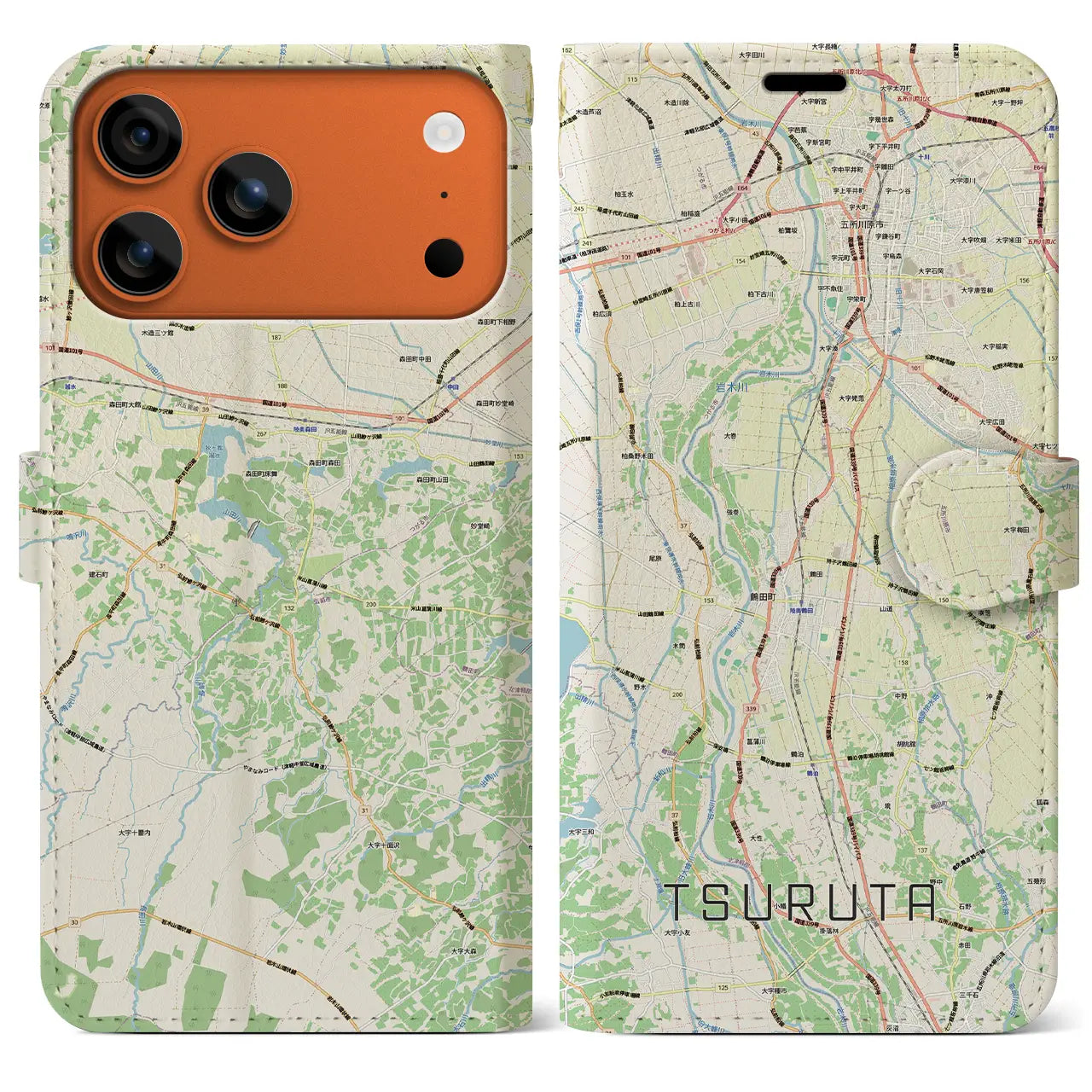 【鶴田(青森県)】地図柄iPhoneケース(手帳タイプ)ナチュラル・iPhone 17 Pro Max 用