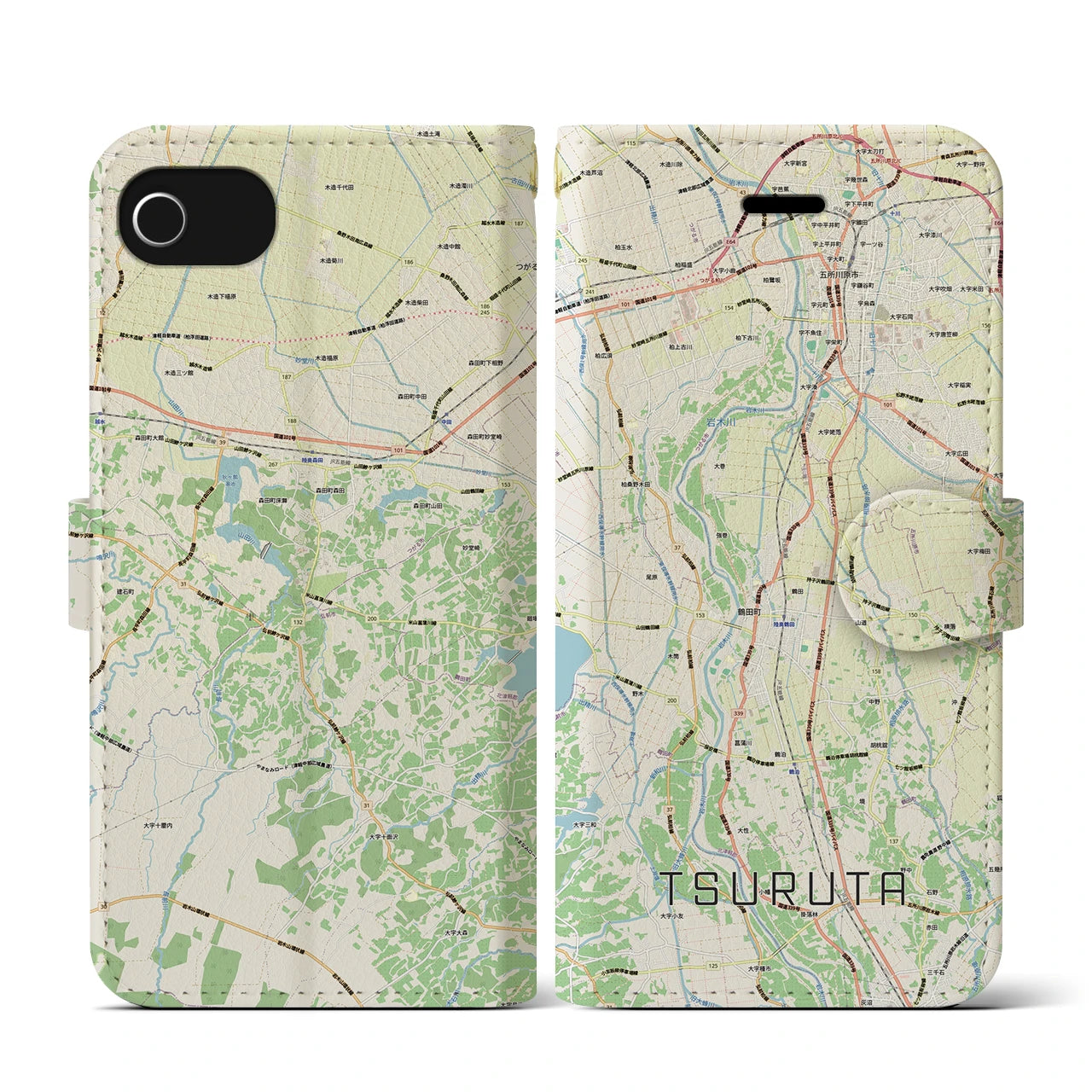 【鶴田(青森県)】地図柄iPhoneケース(手帳タイプ)ナチュラル・iPhone SE(第3 / 第2世代) / 8 / 7 / 6s / 6 用