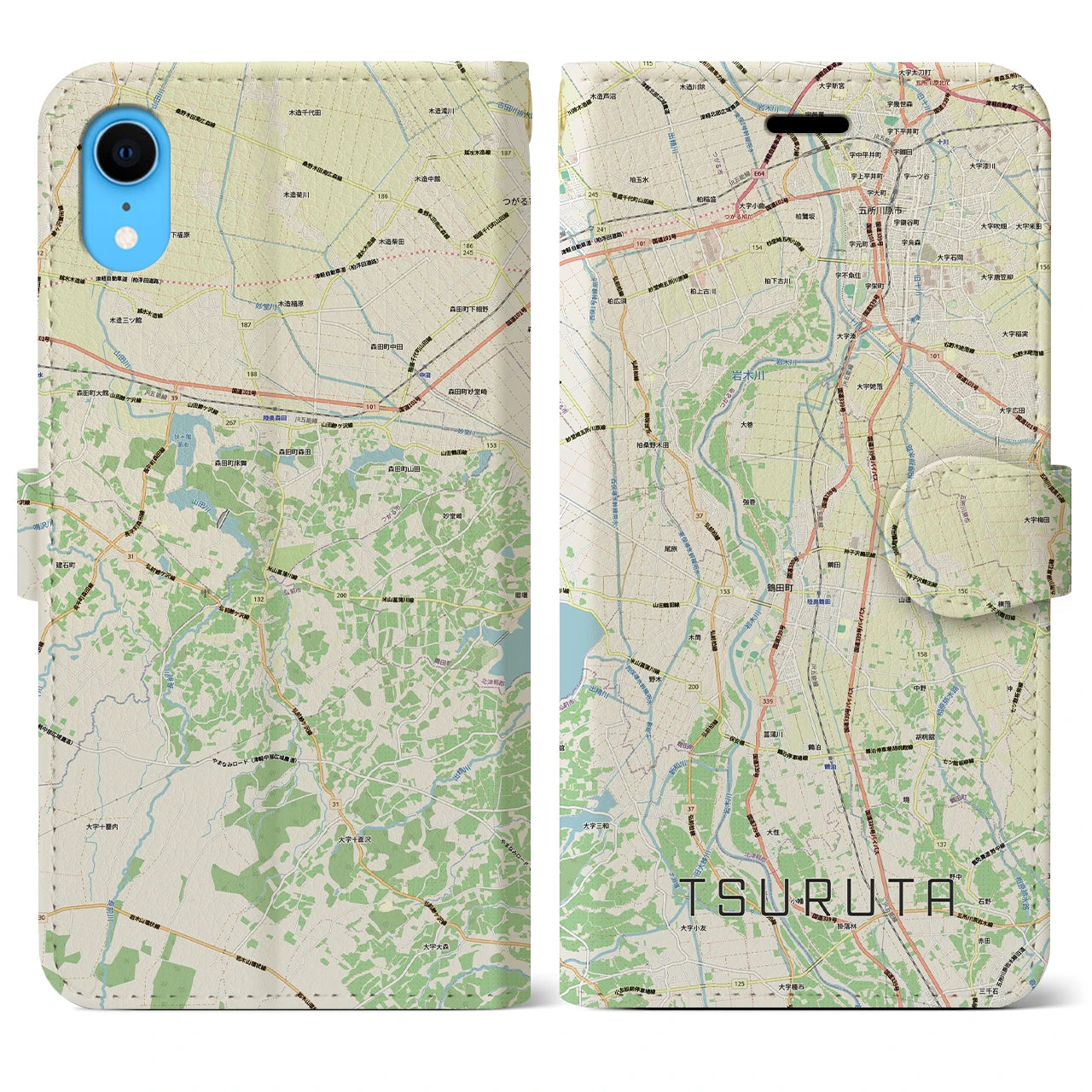 【鶴田(青森県)】地図柄iPhoneケース(手帳タイプ)ナチュラル・iPhone XR 用