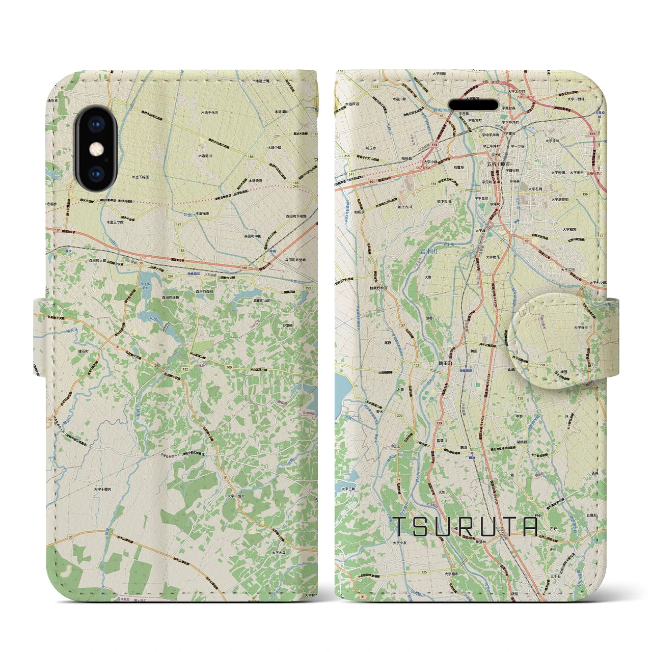 【鶴田(青森県)】地図柄iPhoneケース(手帳タイプ)ナチュラル・iPhone XS / X 用