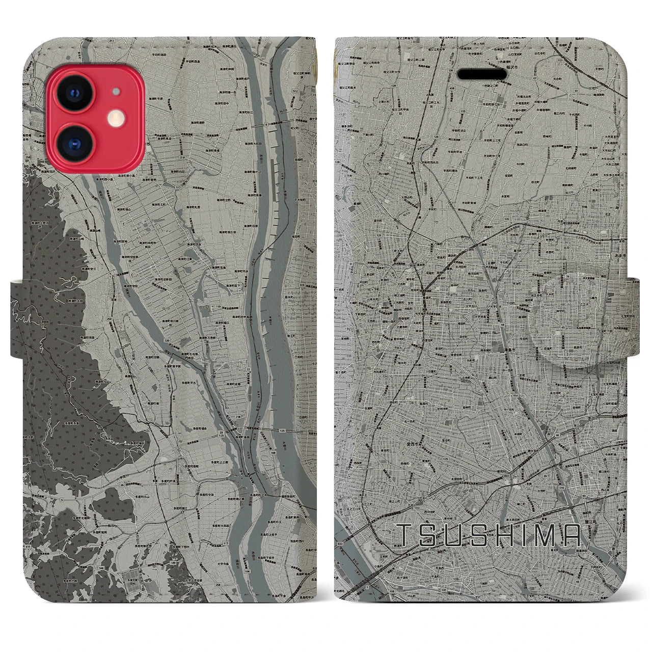 【津島(愛知県)】地図柄iPhoneケース(手帳タイプ)モノトーン・iPhone 11 用