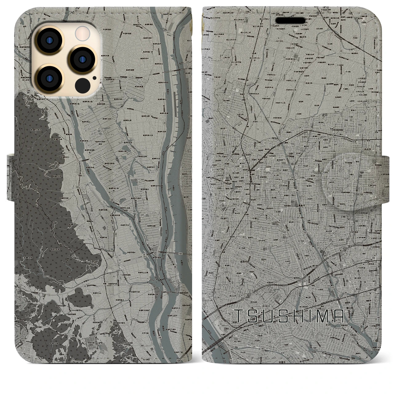 【津島(愛知県)】地図柄iPhoneケース(手帳タイプ)モノトーン・iPhone 12 Pro Max 用