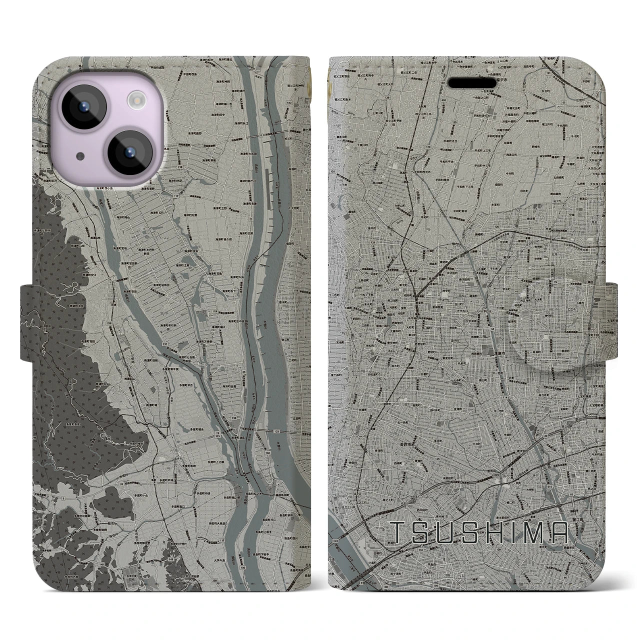【津島(愛知県)】地図柄iPhoneケース(手帳タイプ)モノトーン・iPhone 14 用