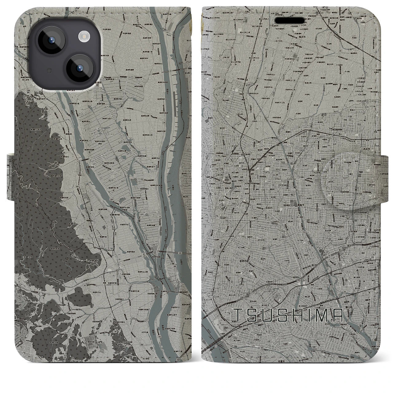 【津島(愛知県)】地図柄iPhoneケース(手帳タイプ)モノトーン・iPhone 14 Plus 用