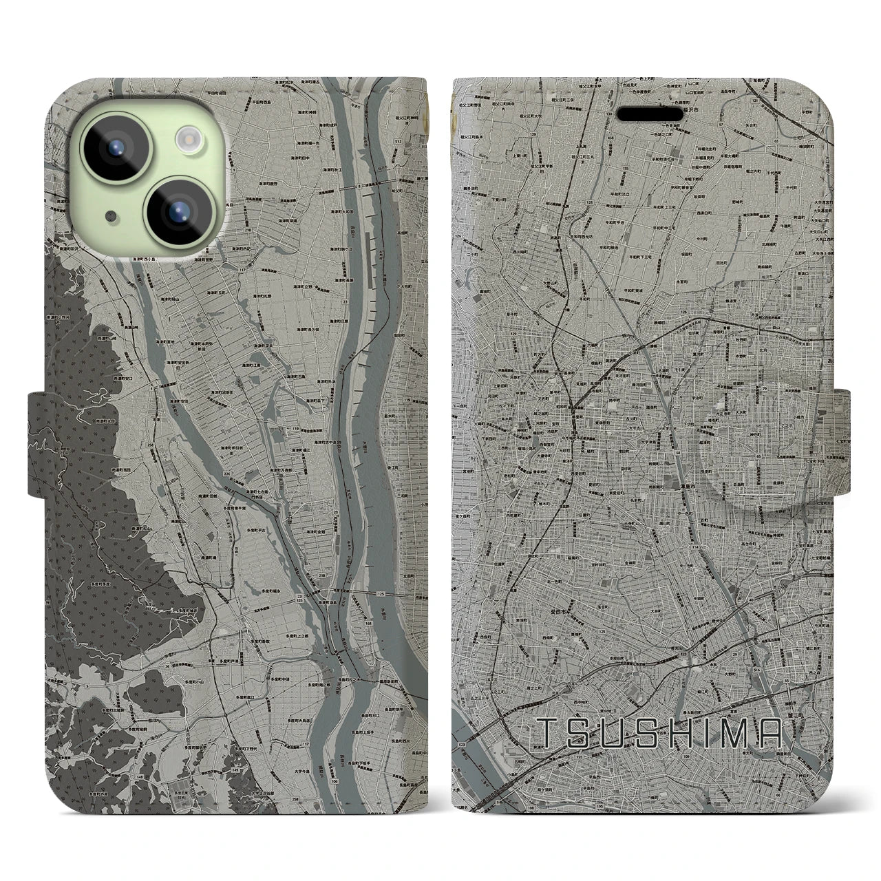 【津島(愛知県)】地図柄iPhoneケース(手帳タイプ)モノトーン・iPhone 15 用