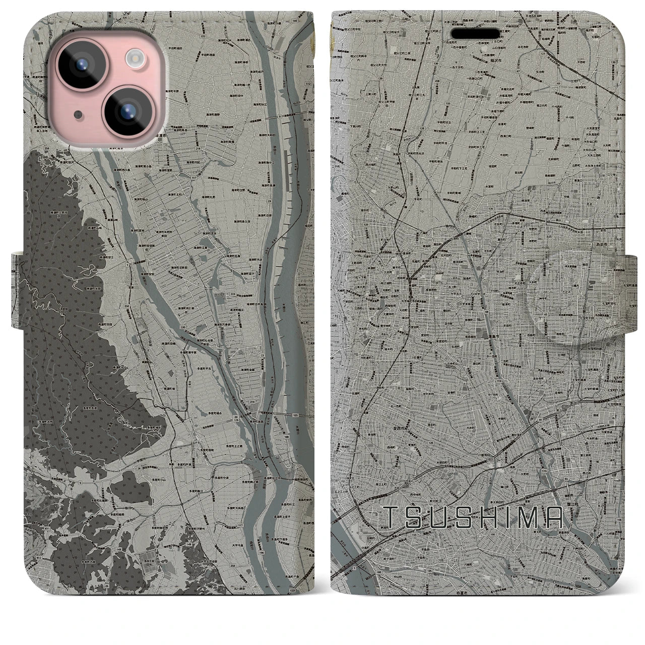 【津島(愛知県)】地図柄iPhoneケース(手帳タイプ)モノトーン・iPhone 15 Plus 用