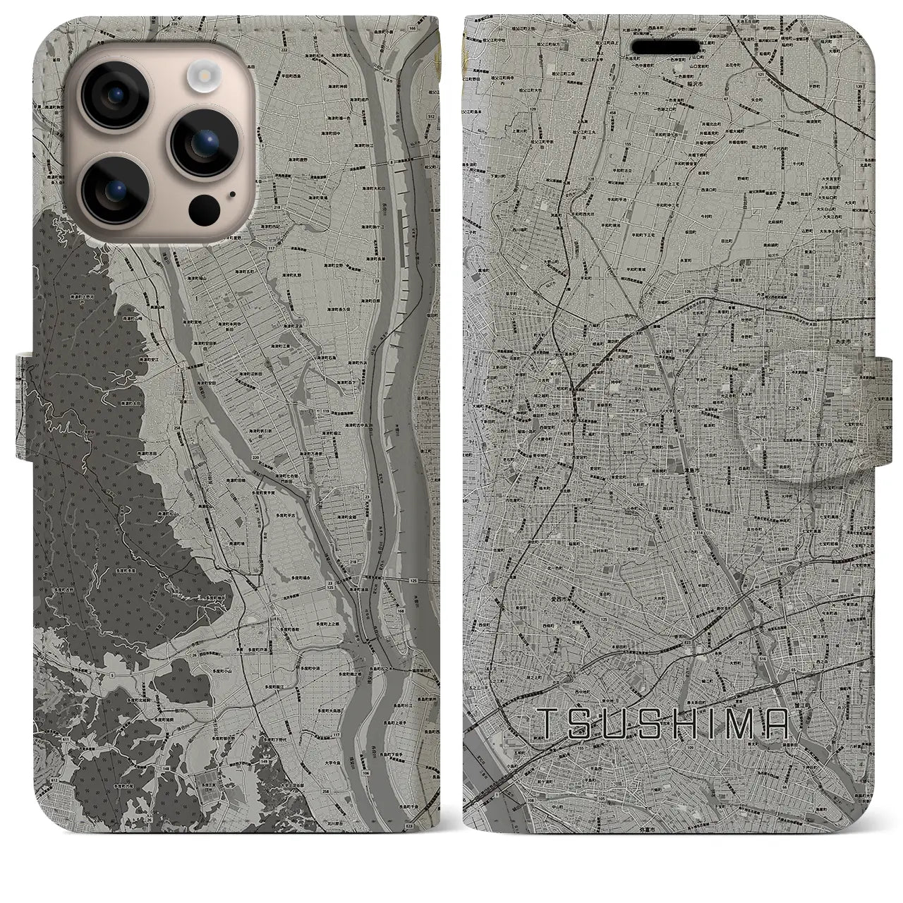 【津島(愛知県)】地図柄iPhoneケース(手帳タイプ)モノトーン・iPhone 16 Plus 用
