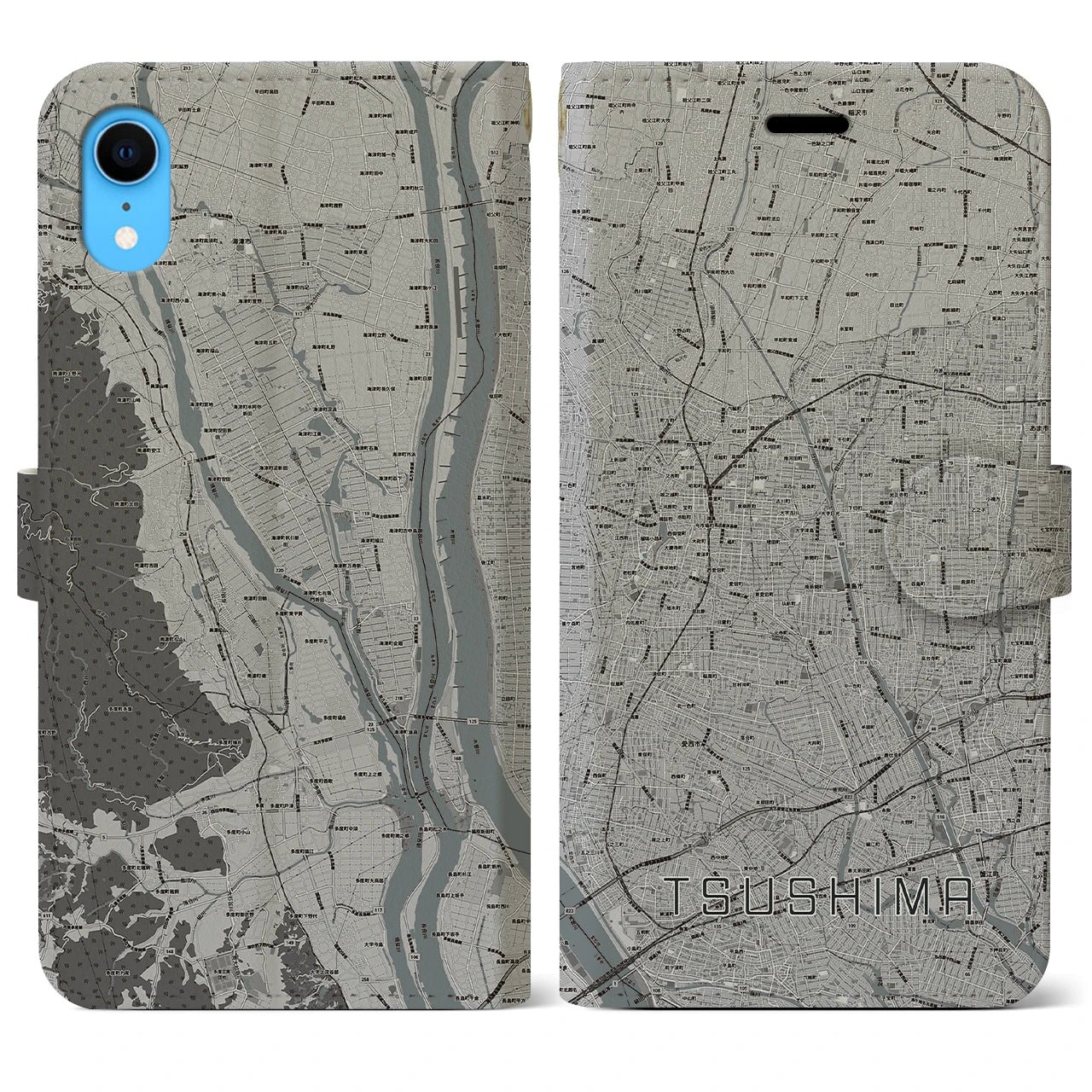 【津島(愛知県)】地図柄iPhoneケース(手帳タイプ)モノトーン・iPhone XR 用