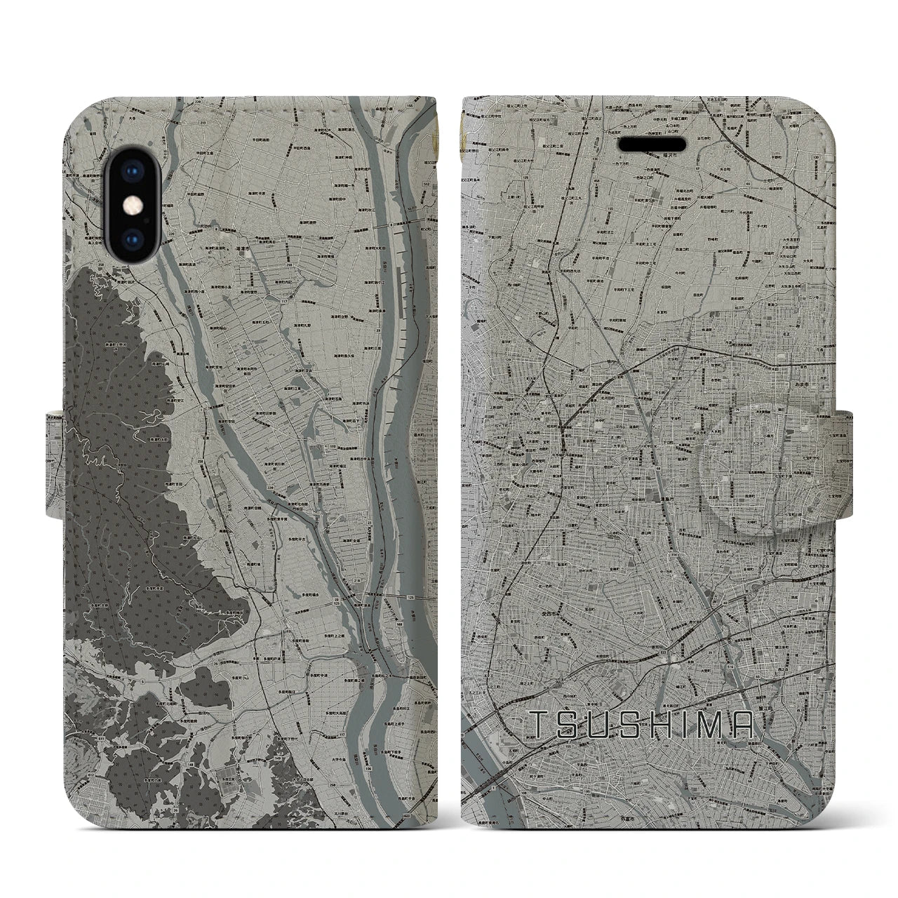 【津島(愛知県)】地図柄iPhoneケース(手帳タイプ)モノトーン・iPhone XS / X 用