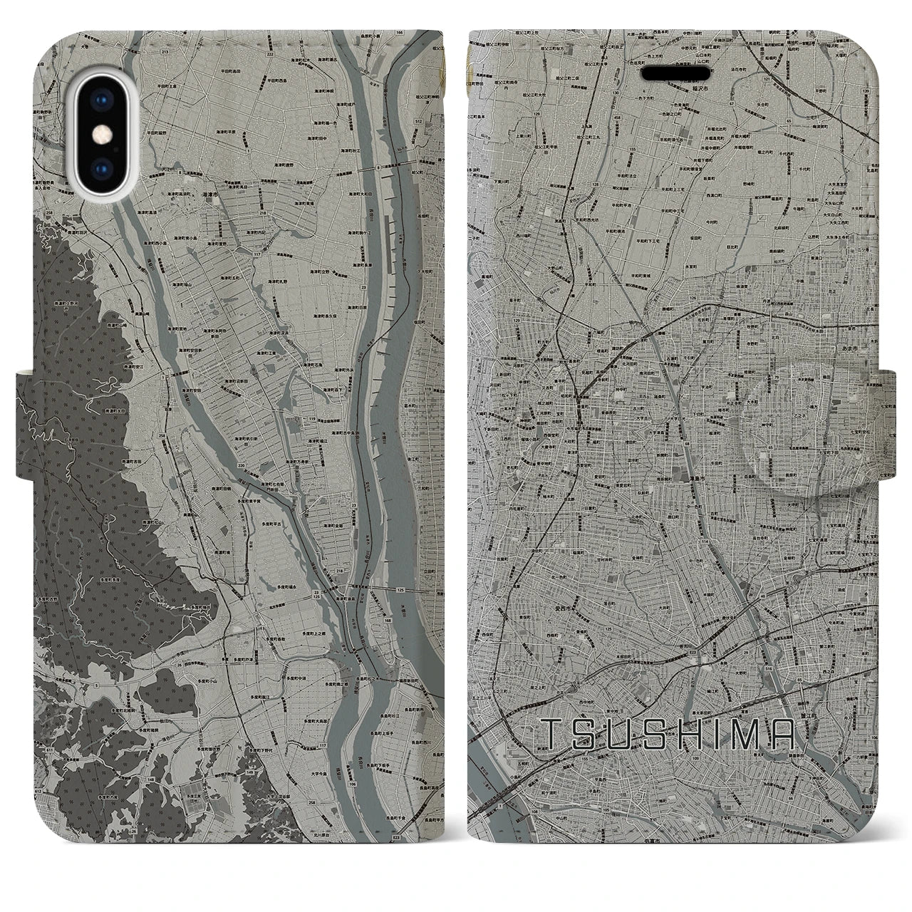 【津島(愛知県)】地図柄iPhoneケース(手帳タイプ)モノトーン・iPhone XS Max 用