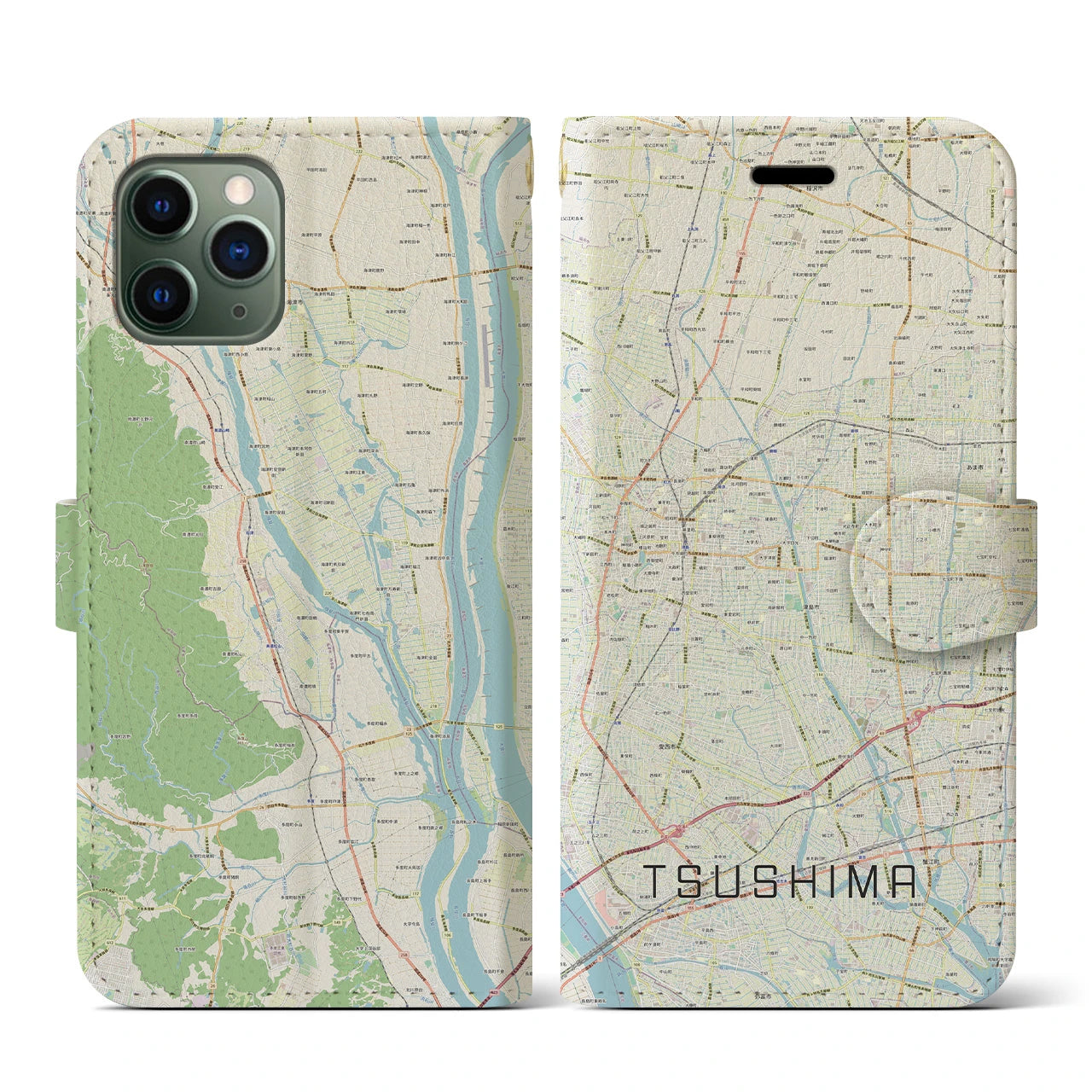 【津島(愛知県)】地図柄iPhoneケース(手帳タイプ)ナチュラル・iPhone 11 Pro 用