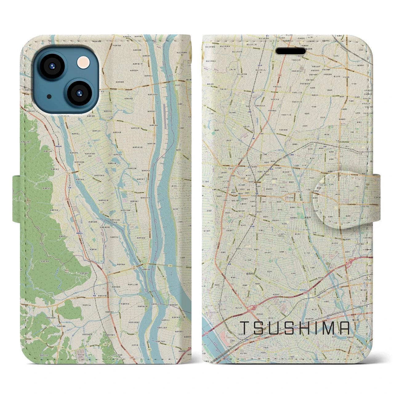 【津島(愛知県)】地図柄iPhoneケース(手帳タイプ)ナチュラル・iPhone 13 用