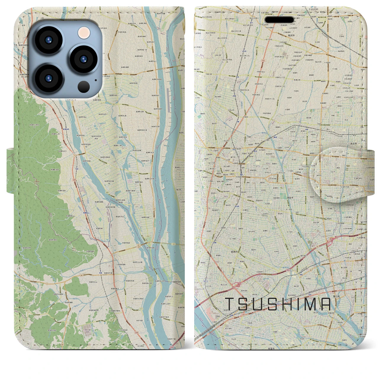 【津島(愛知県)】地図柄iPhoneケース(手帳タイプ)ナチュラル・iPhone 13 Pro Max 用