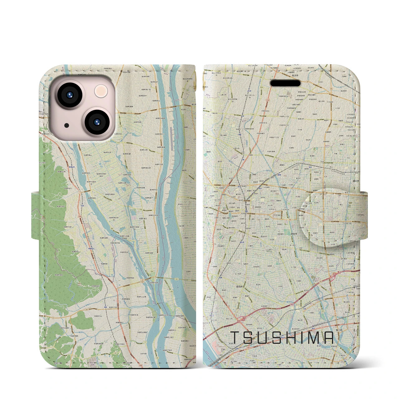 【津島(愛知県)】地図柄iPhoneケース(手帳タイプ)ナチュラル・iPhone 13 mini 用