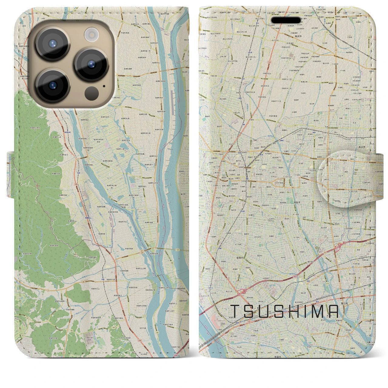 【津島(愛知県)】地図柄iPhoneケース(手帳タイプ)ナチュラル・iPhone 14 Pro Max 用