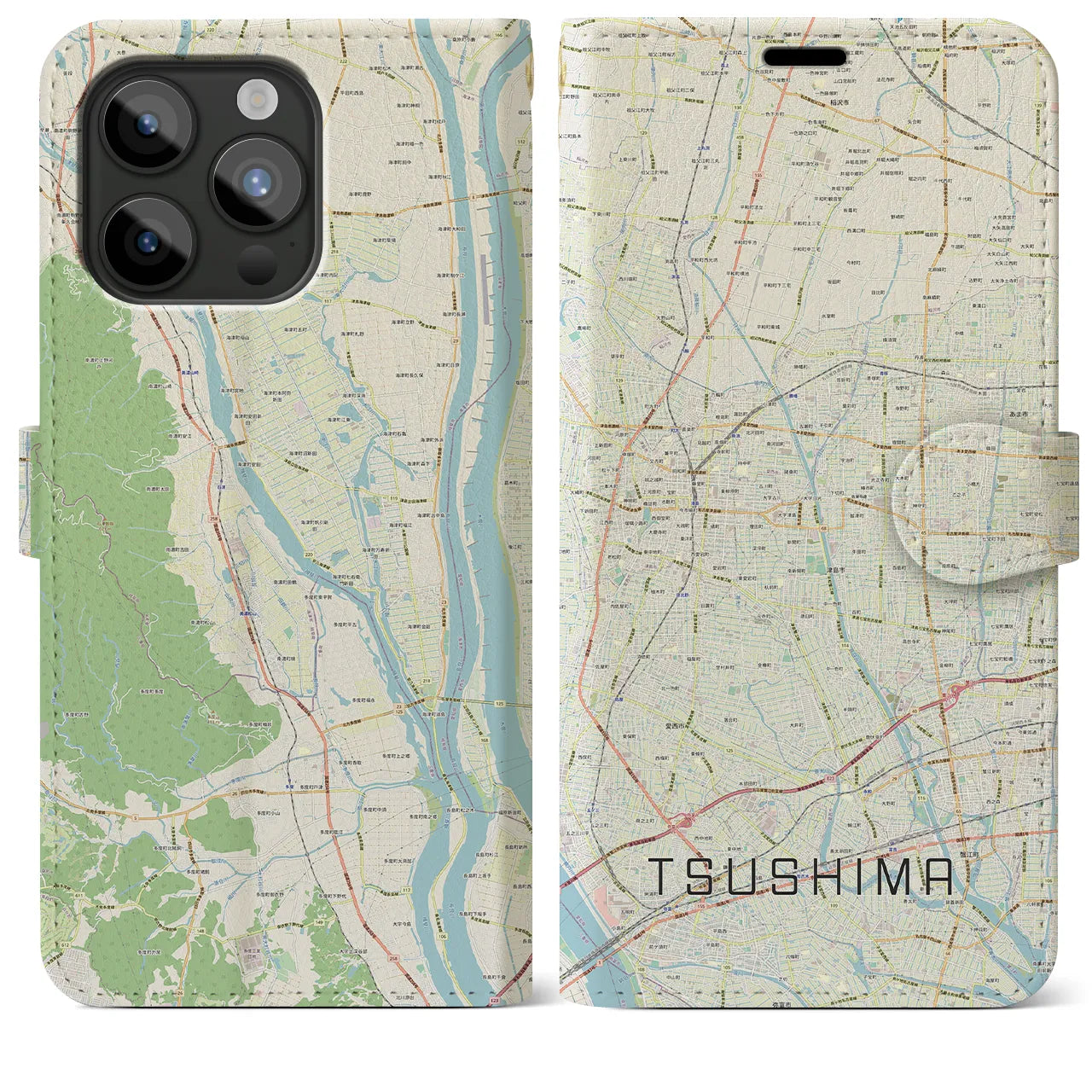 【津島(愛知県)】地図柄iPhoneケース(手帳タイプ)ナチュラル・iPhone 15 Pro Max 用