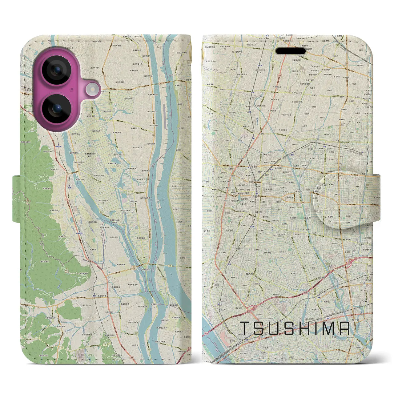 【津島(愛知県)】地図柄iPhoneケース(手帳タイプ)ナチュラル・iPhone 16 Pro 用