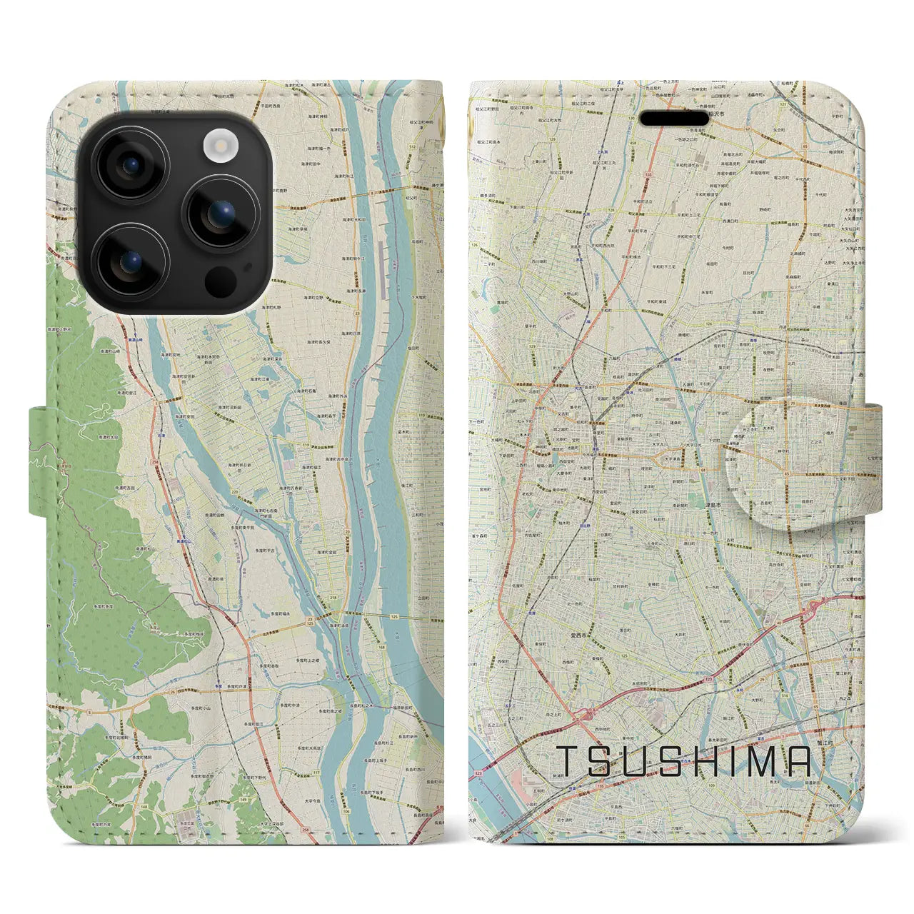 【津島(愛知県)】地図柄iPhoneケース(手帳タイプ)ナチュラル・iPhone 16 用