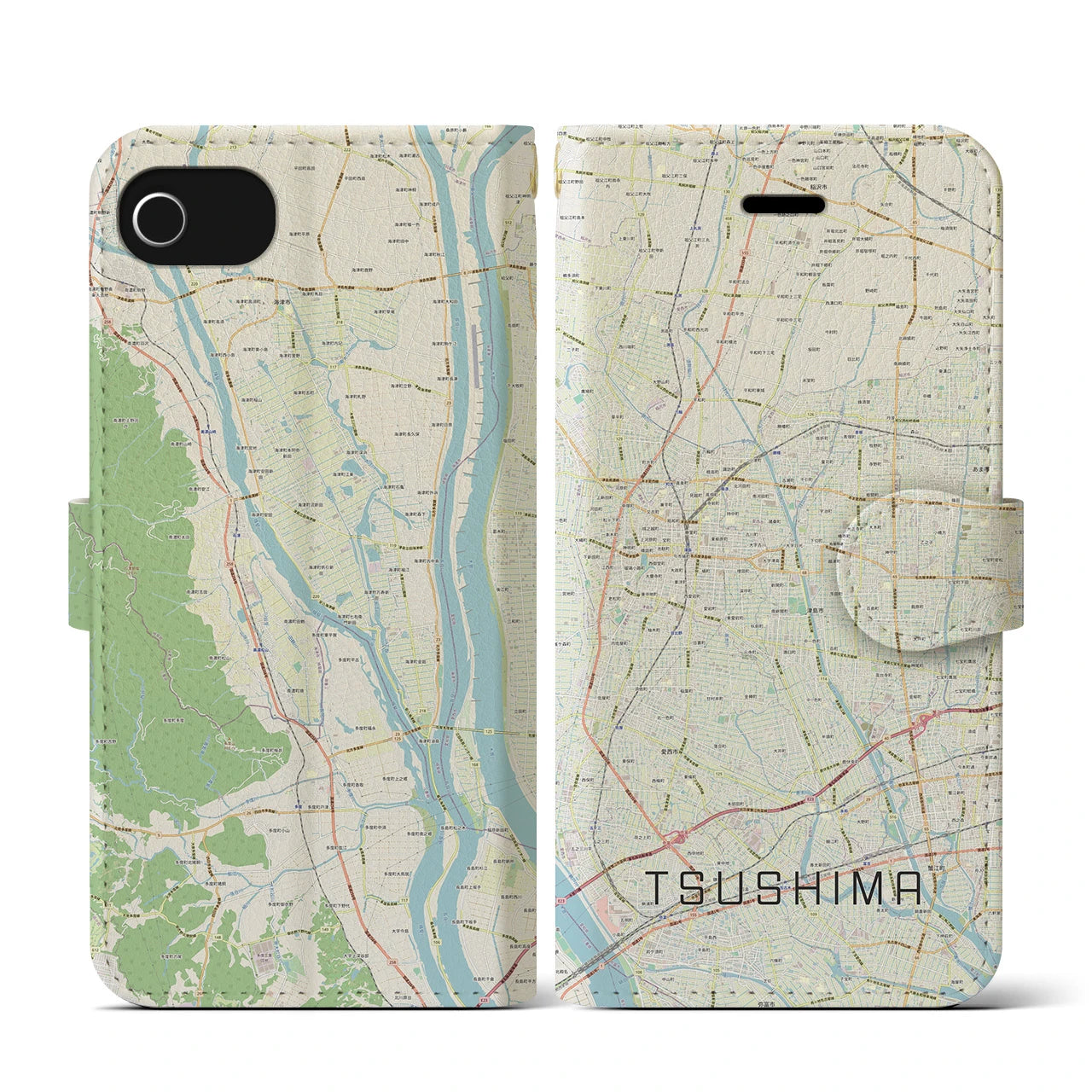 【津島(愛知県)】地図柄iPhoneケース(手帳タイプ)ナチュラル・iPhone SE(第3 / 第2世代) / 8 / 7 / 6s / 6 用