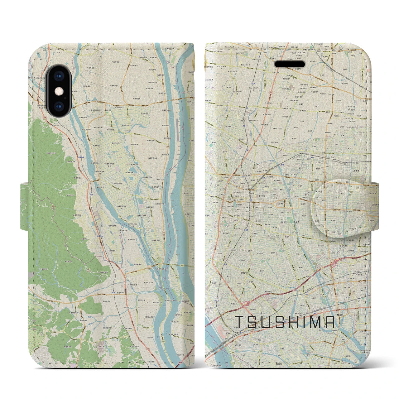 【津島(愛知県)】地図柄iPhoneケース(手帳タイプ)ナチュラル・iPhone XS / X 用