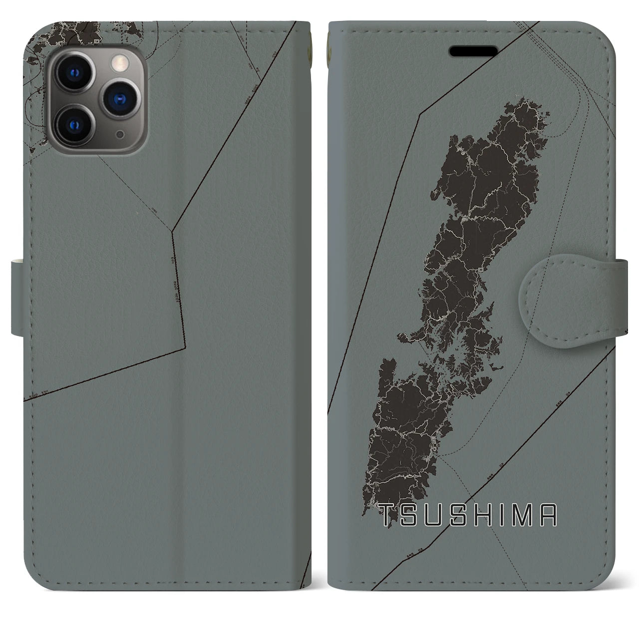 【対馬(長崎県)】地図柄iPhoneケース(手帳タイプ)モノトーン・iPhone 11 Pro Max 用
