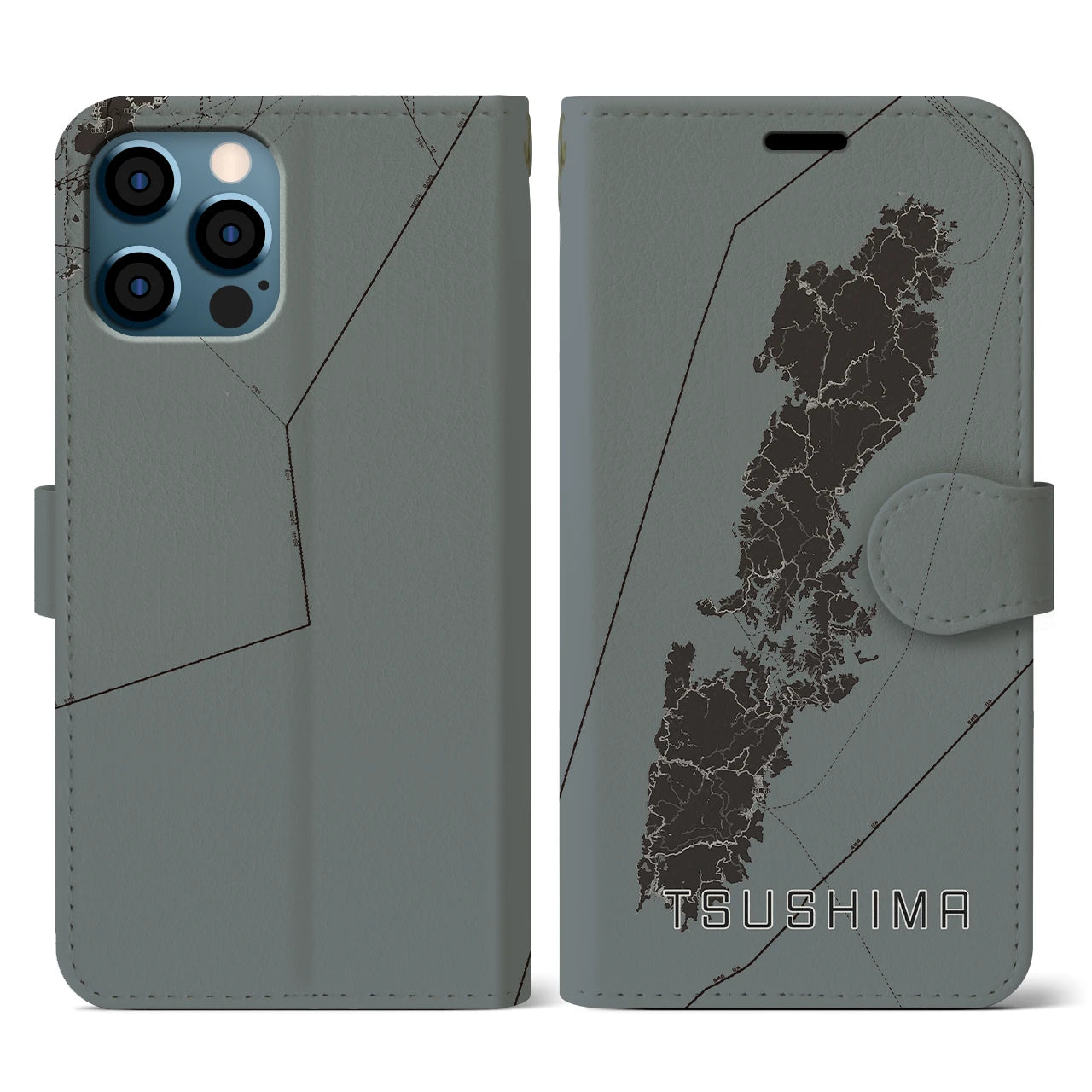 【対馬(長崎県)】地図柄iPhoneケース(手帳タイプ)モノトーン・iPhone 12 / 12 Pro 用