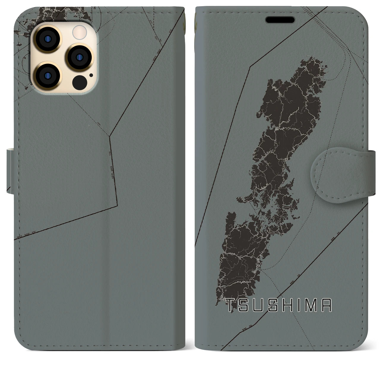 【対馬(長崎県)】地図柄iPhoneケース(手帳タイプ)モノトーン・iPhone 12 Pro Max 用